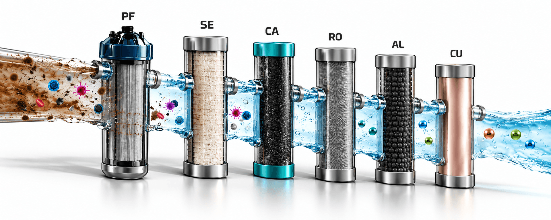 Diagram of purification stages in a domestic purifier — pre-filter, sediment, carbon, RO, alkaline and copper cartridges turning dirty water clean