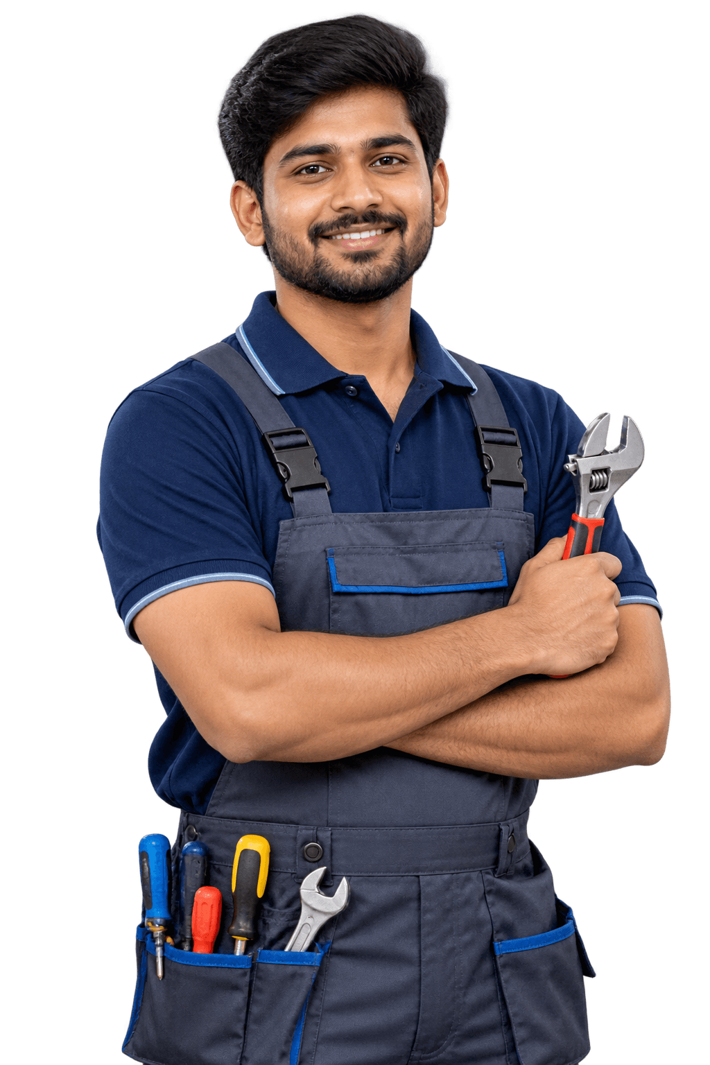 Smiling water purifier technician in work overalls holding an adjustable wrench, with screwdrivers in his tool belt