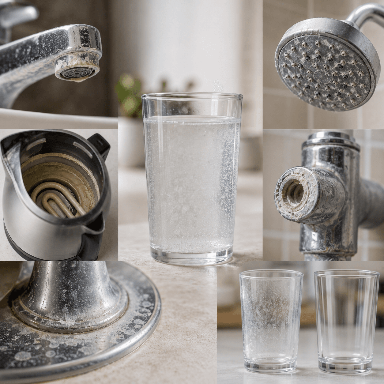 Hard-water scale on a tap, shower head, kettle and glassware