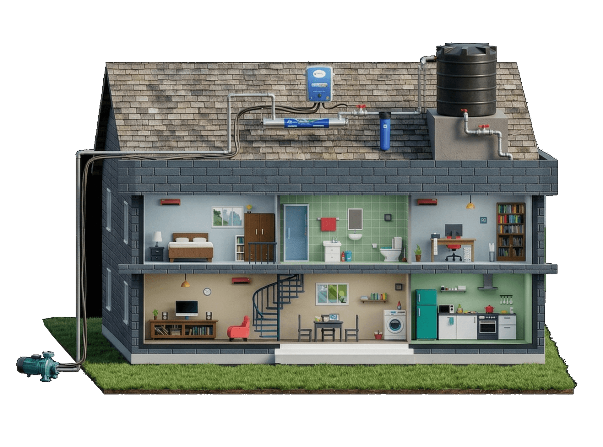 Cutaway of a house with ScaleOut fitted on the main line after the pump, protecting every room
