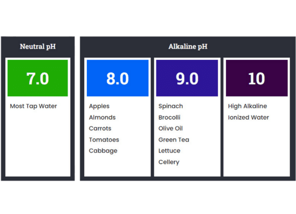 Chart showing pH levels of common food items including dairy, vegetables, grains and beverages